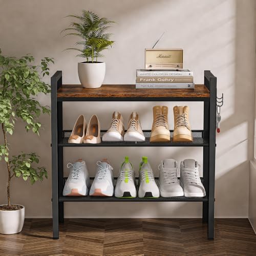 3 Tier Shoe Rack, Shoe Rack for Entryway with Hook, Shoe Organizer with Adjustable Mesh Shelves, Metal Shoe Storage, Closet, Bedroom Living Room Garage - Image 4
