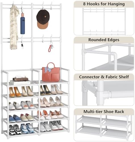 Laiensia 5-Tier Entryway Coat Rack, Coat and Shoe Rack, Entryway Bench Storage Organizer with 8 Hooks for Bedroom, Hallway, Office, White - Image 7