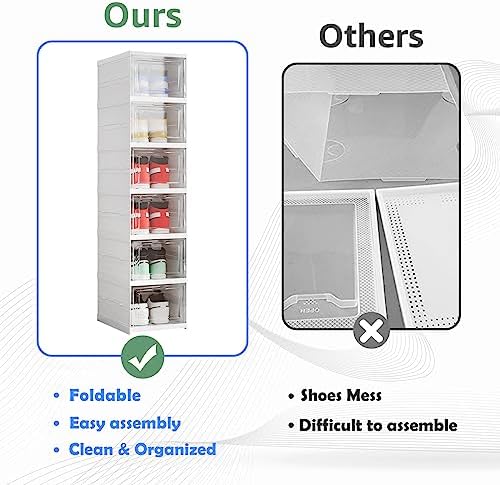 Shoe Storage Organizer Box 6-Tier Foldable Collapsible Stackable Shoe Rack Bins, Fit Size 12, No Assembly, for Men and Women - Image 3