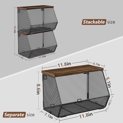 Stackable Fruit Basket for Kitchen Countertop Space Saving, Wall Mounted Mesh Metal Wire Baskets with Wood Lid Extra Storage, 2 Pack Kitchen Counter Organizer for Snack, Onion and Potato Storage - Image 6