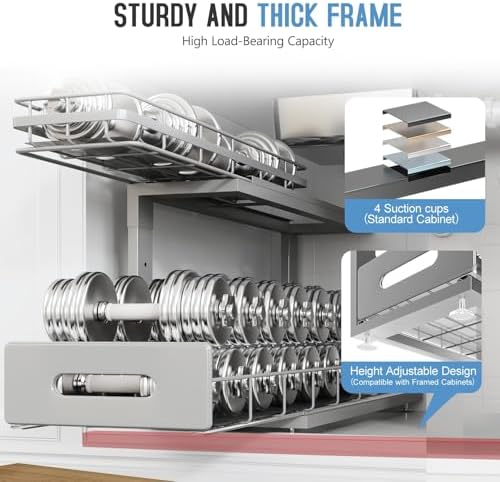 Under Sink Organizer Upgrade To Professional Rails,2-Tier Dual Pull Out Cabinet Storage,Height Adjustable Slide Out Drawers For Bathroom Kitchen,2 Pack-21"Dx12.8"-16.9"H,Gun Gray - Image 4