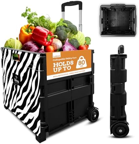 Inspired Living Ultra-Slim Rolling Collapsible Storage Pack-N-Roll Utility-carts, with Telescopic Handle, for Home, Garden, Shopping, Office, School use, Large, Zebra by Inspired+Living
