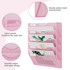 EasyPAG Wall File Organizer 5 Tier Hanging Paper Folder Holder, Zero Assembly Metal Mesh Wall Mounted Mail Organizer for Office Home Classroom Narrow Spaces, Pink - Image 3