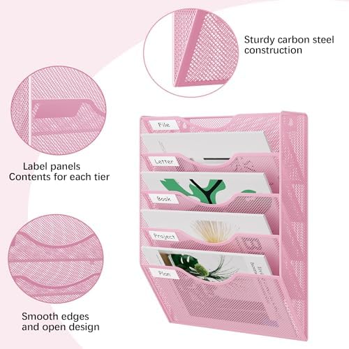 EasyPAG Wall File Organizer 5 Tier Hanging Paper Folder Holder, Zero Assembly Metal Mesh Wall Mounted Mail Organizer for Office Home Classroom Narrow Spaces, Pink - Image 3
