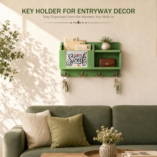 Key Holder Wall Mount with Chalkboard & 4 Key Hooks for Home Decor, Green - Image 3