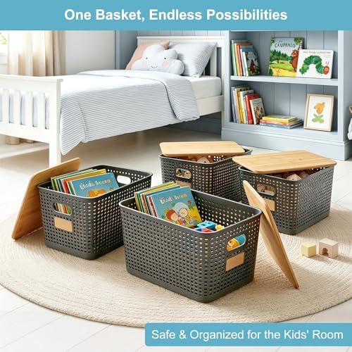 Bagnizer 2 Pack Tall Plastic Storage Bins with Bamboo Lids, 10.8qt Stackable Storages Baskets for Organizing Desktop Closet Playroom Classroom Office, 12"L x 8.3"W x 6.1"H, Gray - Image 4