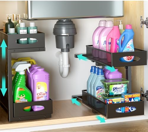 Under Sink Organizer, 2-Pack of 2-Tier Metal Slide Out Pull Out Cabinet Organizer Shelf, Height Adjustable Organization and Storage Series, Bathroom/Desktop/Cabinet/Kitchen Organization, Black by Beleeb