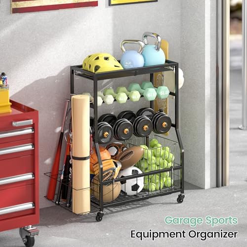 Home Gym Storage Rack, Dumbbell Rack with Yoga Mat Storage, Weight Rack Stand with Lockable Wheels and Hooks, Home Workout Equipment Organizer for Yoga, Dumbbell, Kettlebells, Ball Storage - Image 7
