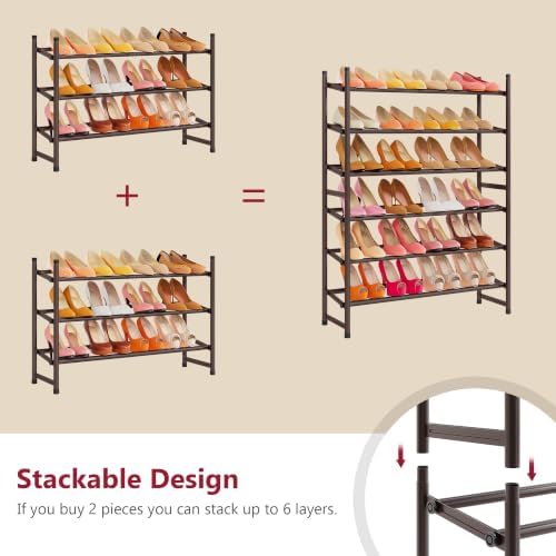 Tajsoon Expandable Shoe Rack for Closet 3 Tier, 28“-41“Stackable, Bronze - Image 4