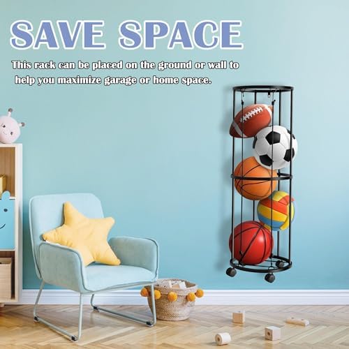 Columnar Vertical Ball Rack,40''x13.2''Rolling Basketball Holder Wall Mount - Image 5
