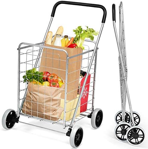 Goplus Shopping Carts for Groceries, Heavy Duty Folding Shopping Cart with Wheels, Portable Collapsible Grocery Cart, Light Weight Foldable Utility Cart for Laundry Silver by Goplus