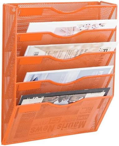 EASEPRES 5 Pocket Mesh Hanging Wall File Organizer, Wall Mounted Mail Paper Document Folder Holder, Clipboard Storage Organization Magazine Rack with Nametag Label for Office Home School, Orange by EASEPRES