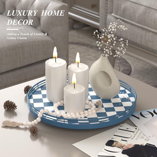 Blue and White Checkerboard Lazy Susan with Rubberwood Base and Metal Rail - Image 2