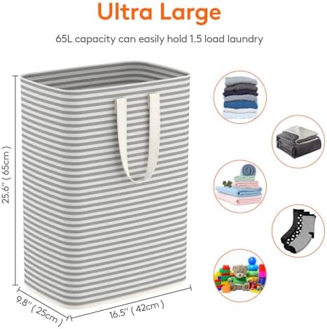 Lifewit 1 Pack Laundry Basket 65L Each, Collapsible Clothes Hamper with Reinforced Handles, Freestanding Waterproof Design for Bedroom and Laundry Room, Grey 65L Total - Image 3