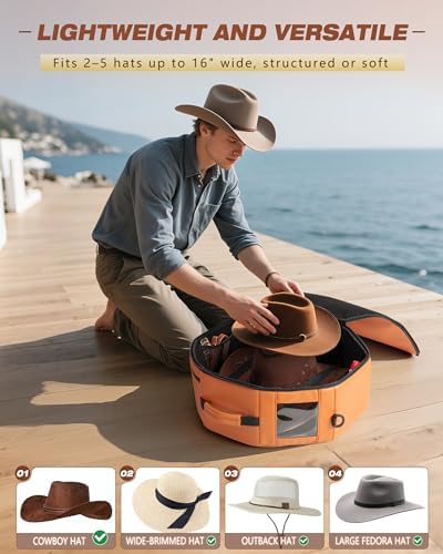 Marscamd Vegan Leather Hat Box Fits 4 Cowboy or Wide-Brim Hats, Padded Storage Case with Shoulder Strap & Trolley Sleeve for Travel or Home Storage (Facet Series, Brown) - Image 2