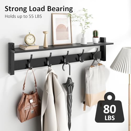 Optish Coat Rack Wall Mount with Shelf, 29 Inch Coat Hanger Walls Mounted, Hat Rack for Walls, Shelf with 5 Coat Hooks, Wall Hanger for Entryway (Black) - Image 2