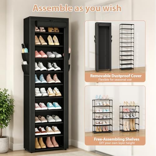 VTRIN Vertical Narrow Shoe Rack Organizer 10 Tier Tall Shoe Shelf Holds 20-22 Pairs with Non-Woven Dustproof Cover for Closet, Entryway Black - Image 5