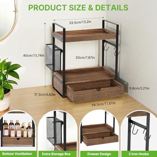 2-Tier Bathroom Counter Organizer with Drawer Basket and Hooks, Wood Bathroom Organizers and Storage for countertop, Farmhouse Dark Brown Countertop Organizer, Counter Shelf for Vanity Kitchen Office - Image 3