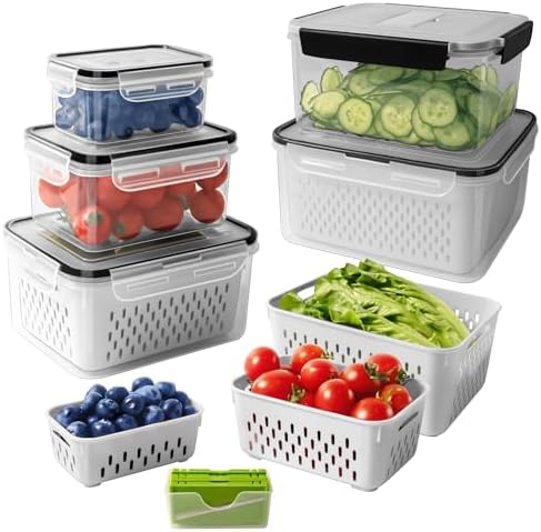 5 PCS Large Fruit storage Containers for Fridge with Colanders and Choppers by Freshmage