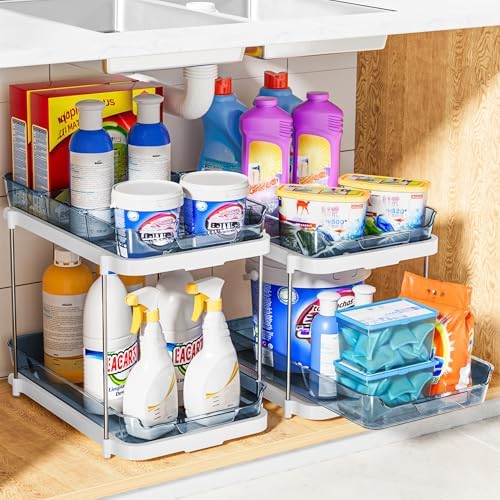 Delamu 2-Tier Multi-Purpose Bathroom Under Sink Organizers and Storage, Stackable Kitchen Pantry Organization, Pull Out Medicine Cabinet Organizer with Movable Dividers, Blue, 2 Pack - Image 5