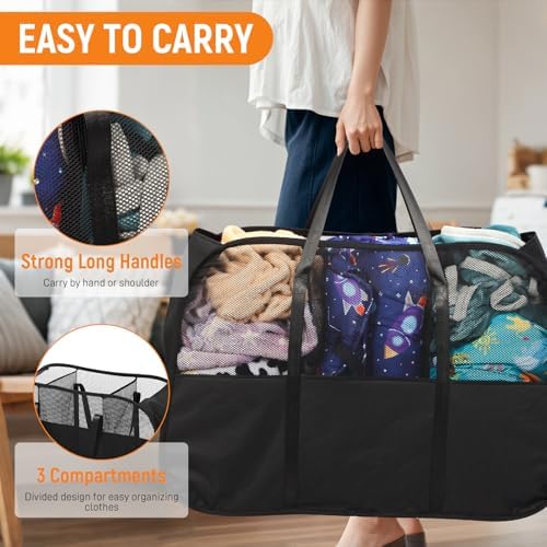 Collapsible Laundry Baskets with 3 Compartment, 150L Tear-proof Pop Up Hamper, Foldable Laundry Basket with Tote Handles, Dirty Clothes Hamper for Laundry, Bedroom, Bathroom, Dorm Black - Image 3