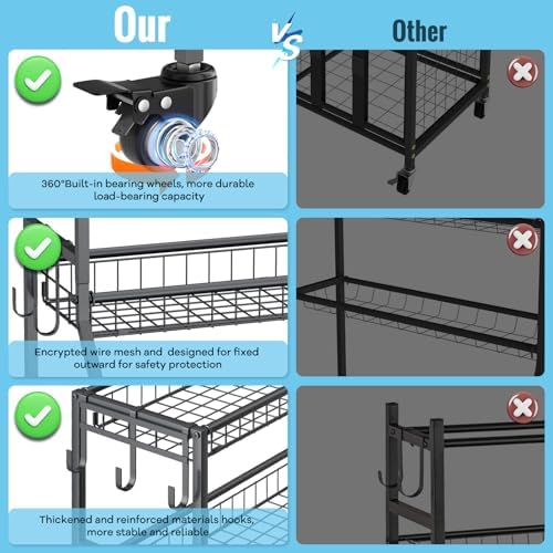 WUC Sports Equipment Garage Organizer - Garage Ball Storage Rack with Basket, Hooks and Rolling Cart for Sports Gear and Toy Storage, Grey - Image 5