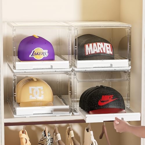 Hat Organizer for Baseball Caps Storage Organizer with Sliding Trays, Stackable Hat Boxes Holder Rack with Drawer, Clear Display Case for Hats Snapback Cap, Hold 12 Hats Each, 1 Pack - Image 2