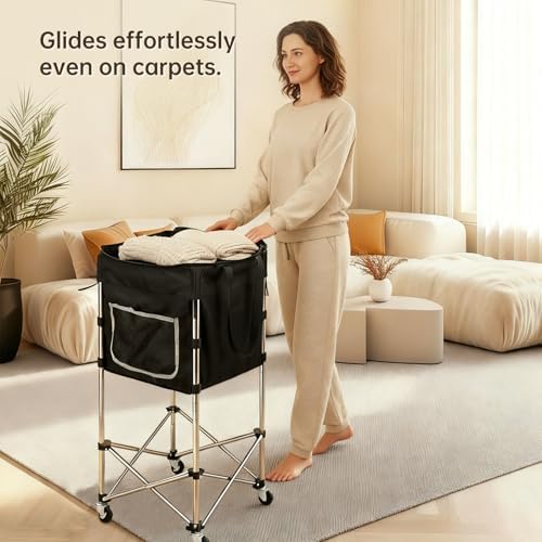 Laundry Cart with Wheels, 35.9" No-Bend Rolling Cart, Black - Image 5