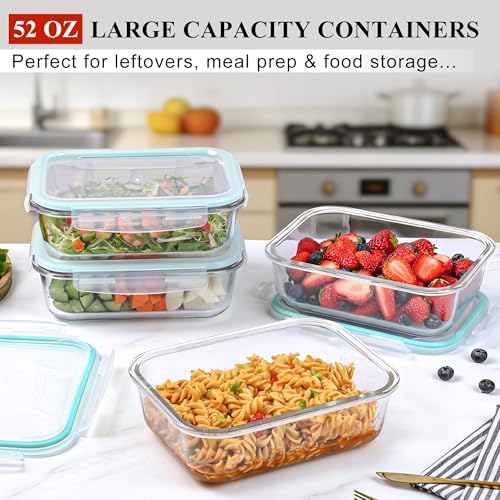 LOVYANXUE 4 Pack 52oz Large Glass Food Storage Containers with Lids, Meal Prep Containers with Airtight Lid for Storing, Baking, Serving, BPA-Free, Freezer, Microwave, Oven & Dishwasher Safe - Image 2
