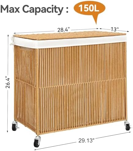 WOWLIVE Laundry Basket 3 Section, Handwoven Laundry Hamper with Wheels - Image 4