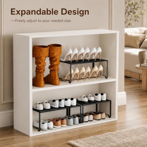 Extendable Metal Wire Shelf Organizer - Adjustable 15-24.4in Length, Stackable Storage Rack for Kitchen/Pantry/Bathroom/Shoe Cabinet/Tool Closet (4,Black) - Image 4