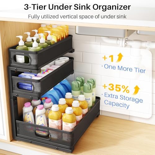 Under Sink Organizer, 3-Tier Thickened Metal Pull out Cabinet Organizer Shelf, Height Adjustable Slide out Storage Drawer Rack for Kitchen Bathroom Pantry Laundry Home Organization, 1-Pack, Black - Image 3