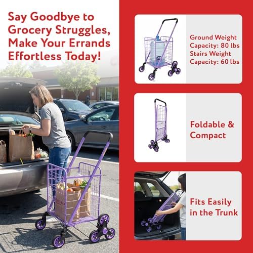 dbest Products Stair Climber Cruiser Cart Shopping Grocery Rolling Folding Laundry Basket on Wheels Foldable Utility Trolley Compact Lightweight Collapsible, Purple - Image 4