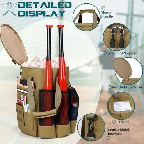 RAINSMORE Baseball Bucket Bag Baseball Coaches Accessories Organizer with Insulation Pocket Tactical Softball Bag with Anti-Slip Bottom, Multiple Pockets for Bat, Gloves, Scoreboards - Image 5