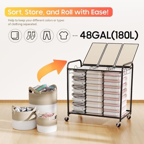 180L Laundry Sorter 3 Section, Rolling Laundry Basket with Wheels and Lid - Image 6