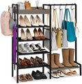 2-in-1 Shoe and Purse Rack, 5-Tier Shoe Rack with Wooden Tray & 7 Hooks, Industrial Metal Shoe Shelf with Removable Shelves for Entryway, Front Door Entrance, Closet, Boot Storage, Black by SimpleandNeatLife