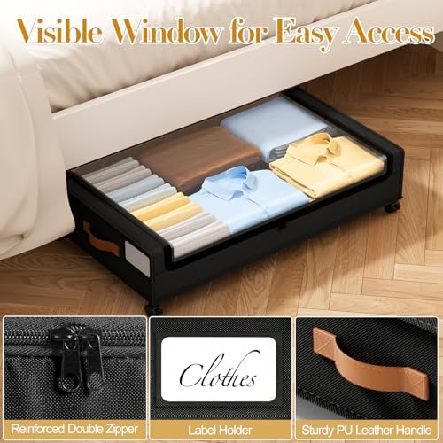 Yecaye 60L Under Bed Storage with Wheels, 4 Pack, Black | 360° Rolling Wheels, Clear Lids & Label, Reinforced Handle, Rolling Metal Drawers for Clothes, Blankets, Shoes in Bedroom - Image 5