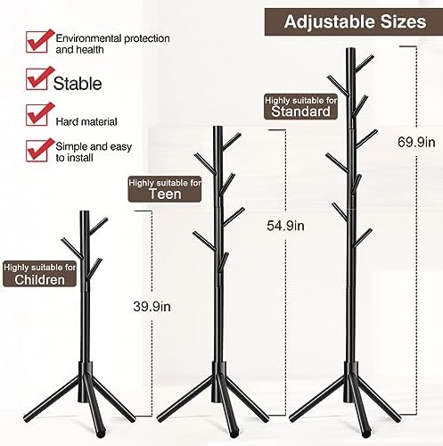 WANGMUXIA Coat Rack, Freestanding Coat Rack with 8 Hooks and 3 Adjustable Size Tree Coat Racks for Bedroom, Hallway, Entrance, Office, for Hats, Coats, Scarves, Handbags - Image 6