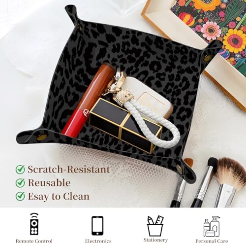 PU Leather Jewelry Valet Tray, Portable Catchall Tray for Keys, Wallet, Watch,Travel Jewelry Tray Organizer for Nightstand Desk Entryway Home Decor Gift for Women Men Black Leopard Print - Image 2