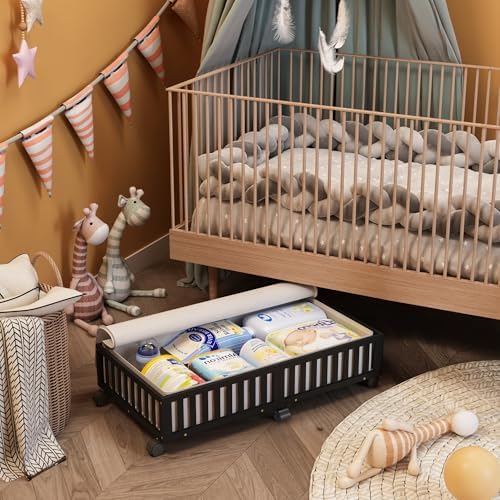 2 Pack Large Bamboo Under Bed Storage Containers with Wheels, Black | Underbed Drawer Storage with Bag, Wood Rolling Underbed Organizer for Shoes, Sheets Clothes Blanket Comforter, Under Crib Toy - Image 2