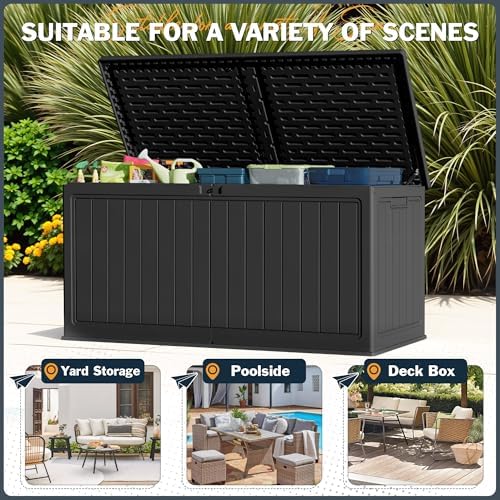 Greesum 260 Gallon HDPE Outdoor Storage Box - Waterproof, Large Capacity Deck Box with Removable Dividers for Patio, Yard, Garden Tools, Black - Image 4