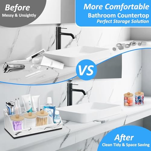 Marble Toothbrush Holder for Bathroom Organizer Countertop, Toothbrush Organizer with 3PCS Qtip Holder Dispenser, Toothbrush and Toothpaste Holder for Bathroom Counter Organization Storage Vanity - Image 3