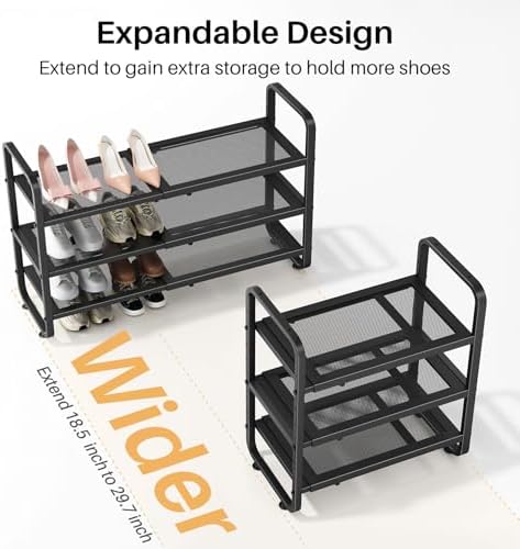Expandable Metal Shoe Rack for Closet, Entryway & Garage, 3-Tier, Black | Adjustable Height for Boots, Stackable Design, Dense Mesh Shelves for Heels, Fits Small Spaces, Apartments and Rentals - Image 4