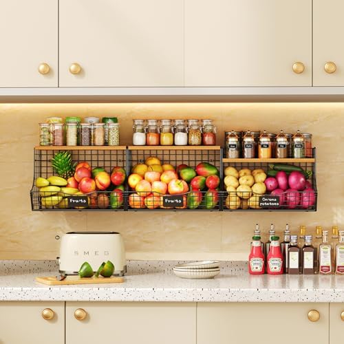 3 Pack Extra Large Fruit Basket for Kitchen with Wood Lid Nameplate - Counter&Wall Mounted Onion and Potato Storage Bin, Stackable Metal Hanging Wire Baskets,15.74 * 8.66 * 10.63 inch - Image 5