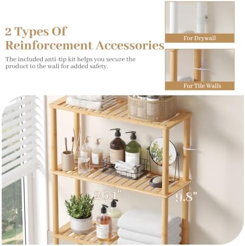 Over The Toilet Storage, Freestanding 3-Tier Bamboo Bathroom Shelves, Above Toilet Organizer for Home Washroom, Bathroom Decor (Natural) - Image 5
