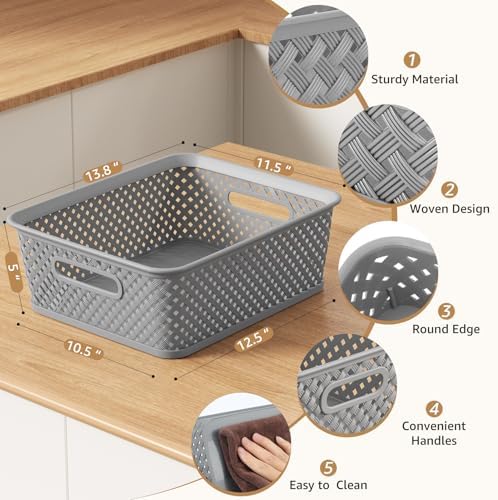 MaxGear 3 Pack Plastic Storage Baskets, Large, Grey - Image 2