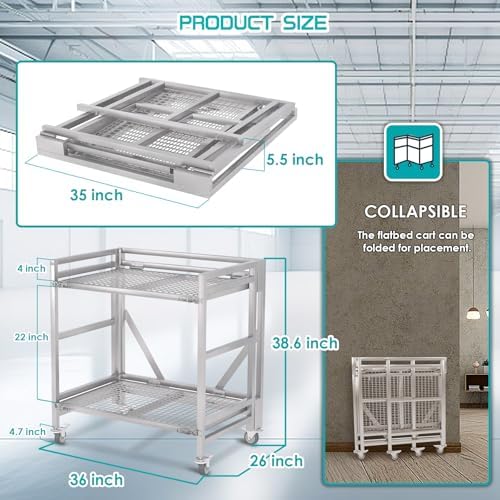 2 Shelf Rolling Cart with Wheels, 660lbs Capacity Collapsible Steel Rolling Utility Cart, Heavy-Duty Foldable Hand Truck, Metal Storage Carts with Handle for Groceries, Warehouse (36" Lx26 W) - Image 5