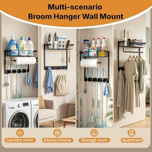 Broom Holder Wall Mount with Paper Towel Holder& Removable Anti-fall Basket - Image 5