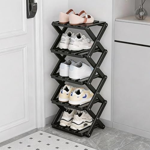 Vertical Black Shoe Rack Small, 5 Tier Portable Folding Shoe Storage Rack, Without Installation Free Standing Shoe Rack for Corridors, Bedrooms Living Room Corner and Small Spaces by Akloya
