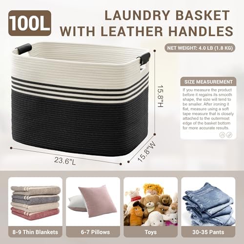 100L Large Woven Laundry Basket Hamper with Leather Handles,Black - Image 2